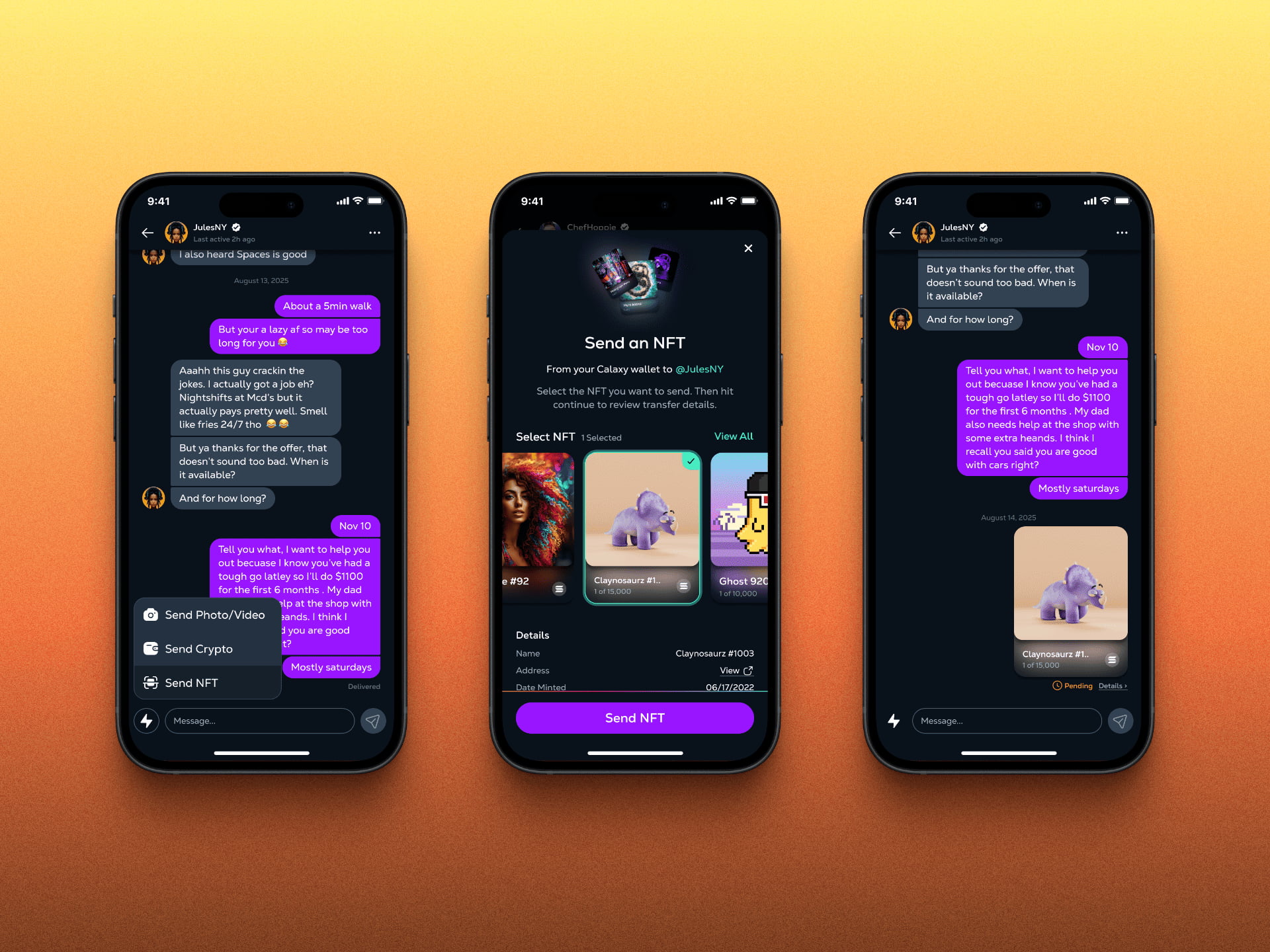 In-chat NFT sending flow from the Calaxy blockchain social platform, displaying NFT selection, preview, and confirmation before transferring a collectible via direct messages.