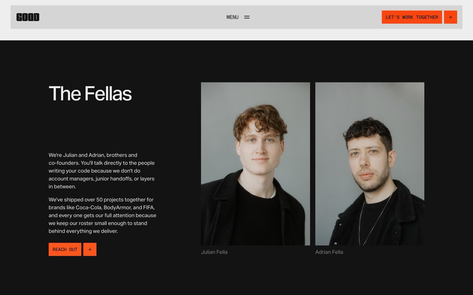 Two men standing against a gray background. Left text: "The Fellas" and a paragraph about Julian and Adrian Fella.