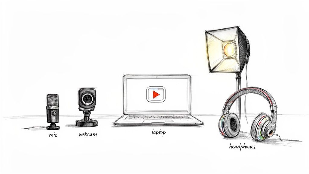 Sketch of video production equipment: microphone, webcam, laptop, studio light, and headphones.