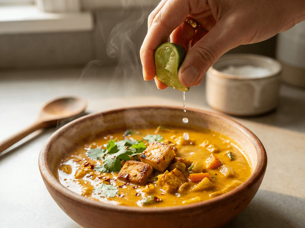 Hand squeezing lime wedge over steaming bowl of Tofu Coconut Curry