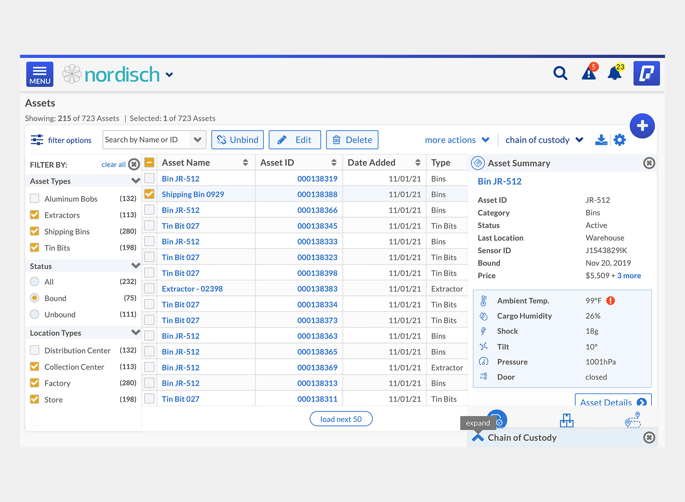 ParkourSC Nordisch desktop Analytics dashboard showing 39.1K total shipments (+61%), 1.07K late shipments, 79% on-time delivery rate, a bar chart of shipments by transport mode, and a pie chart of shipments by status