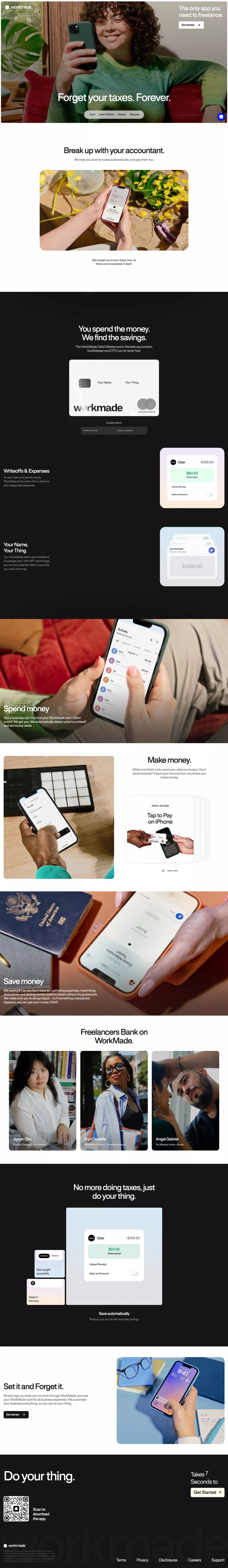 WorkMade landing page screenshot showcasing Tech and Finance design