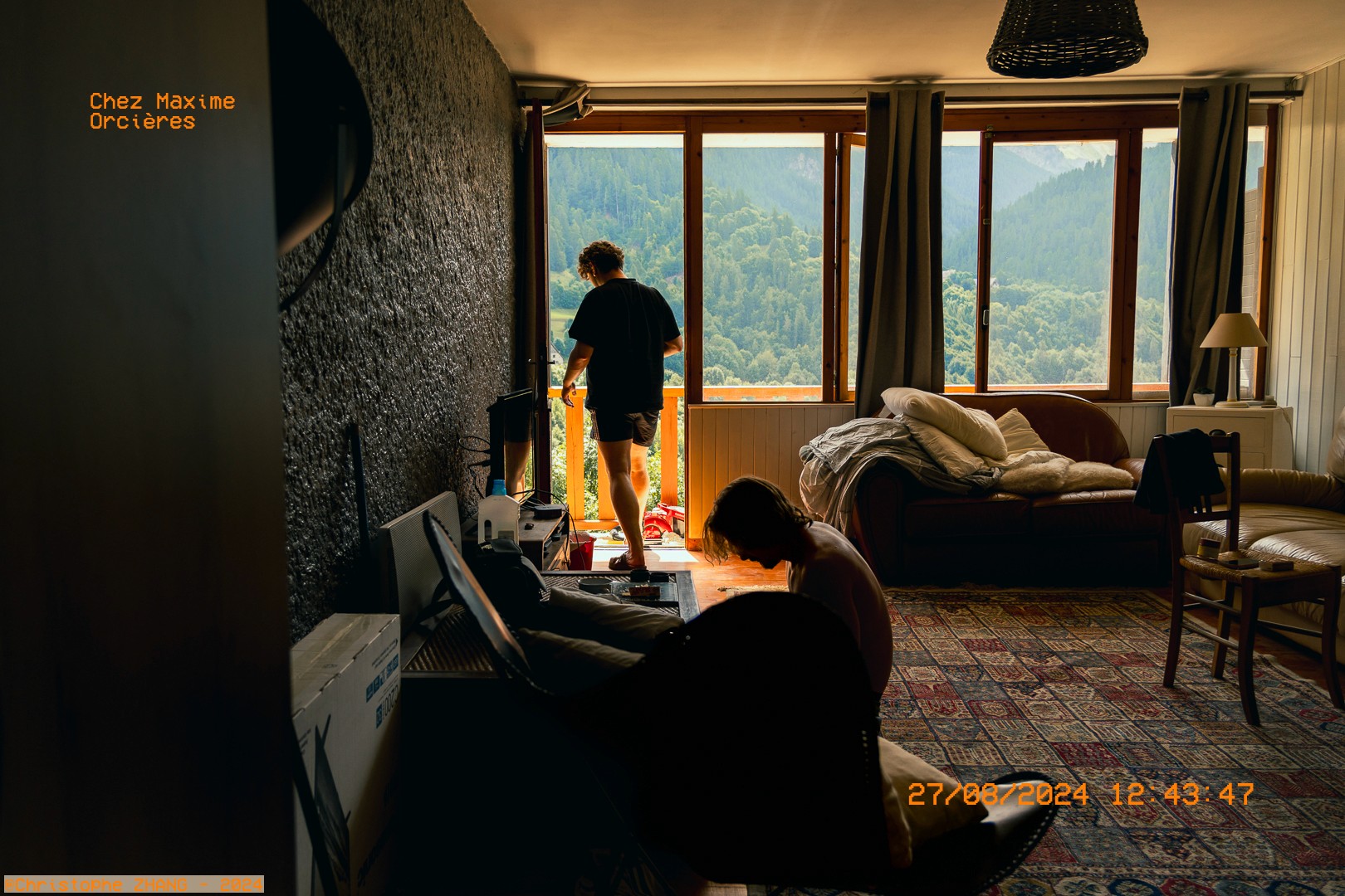 Intérieur de chalet avec vue sur les montagnes depuis le balcon.