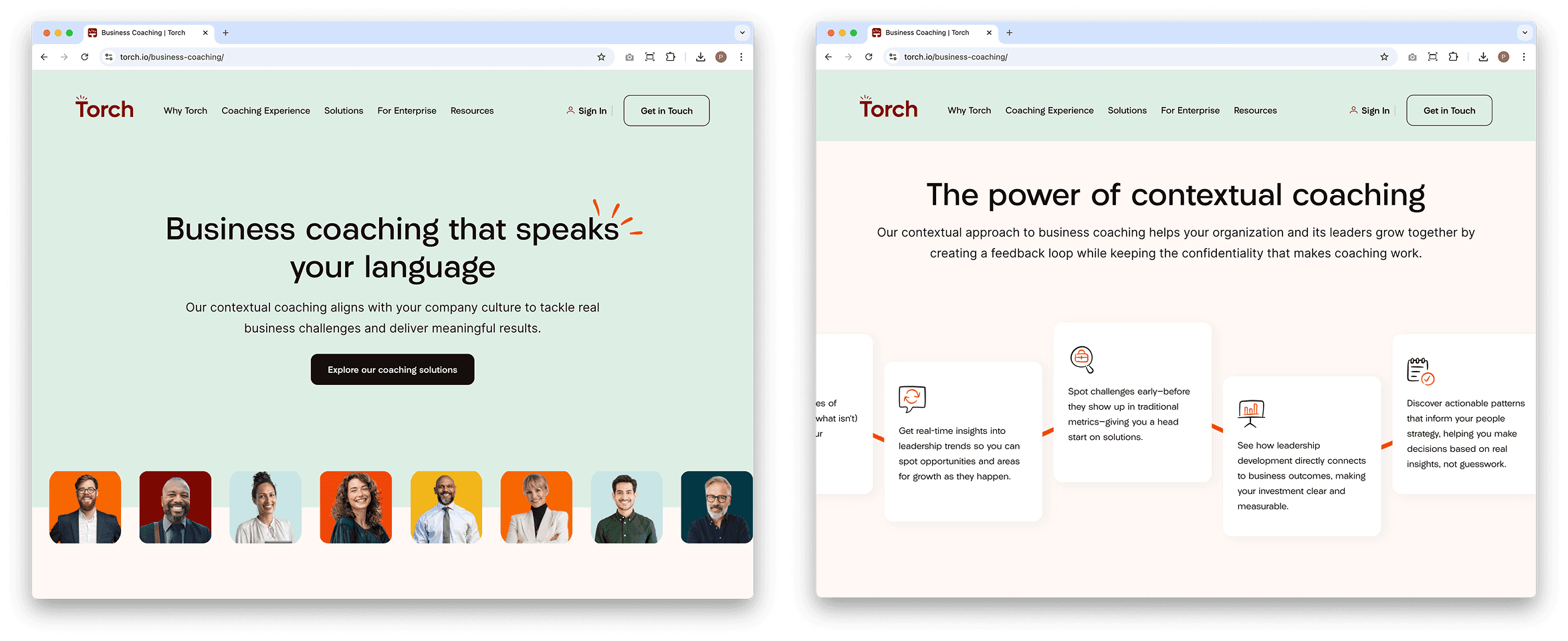 Torch marketing website pages reflecting contextual coaching promotions.