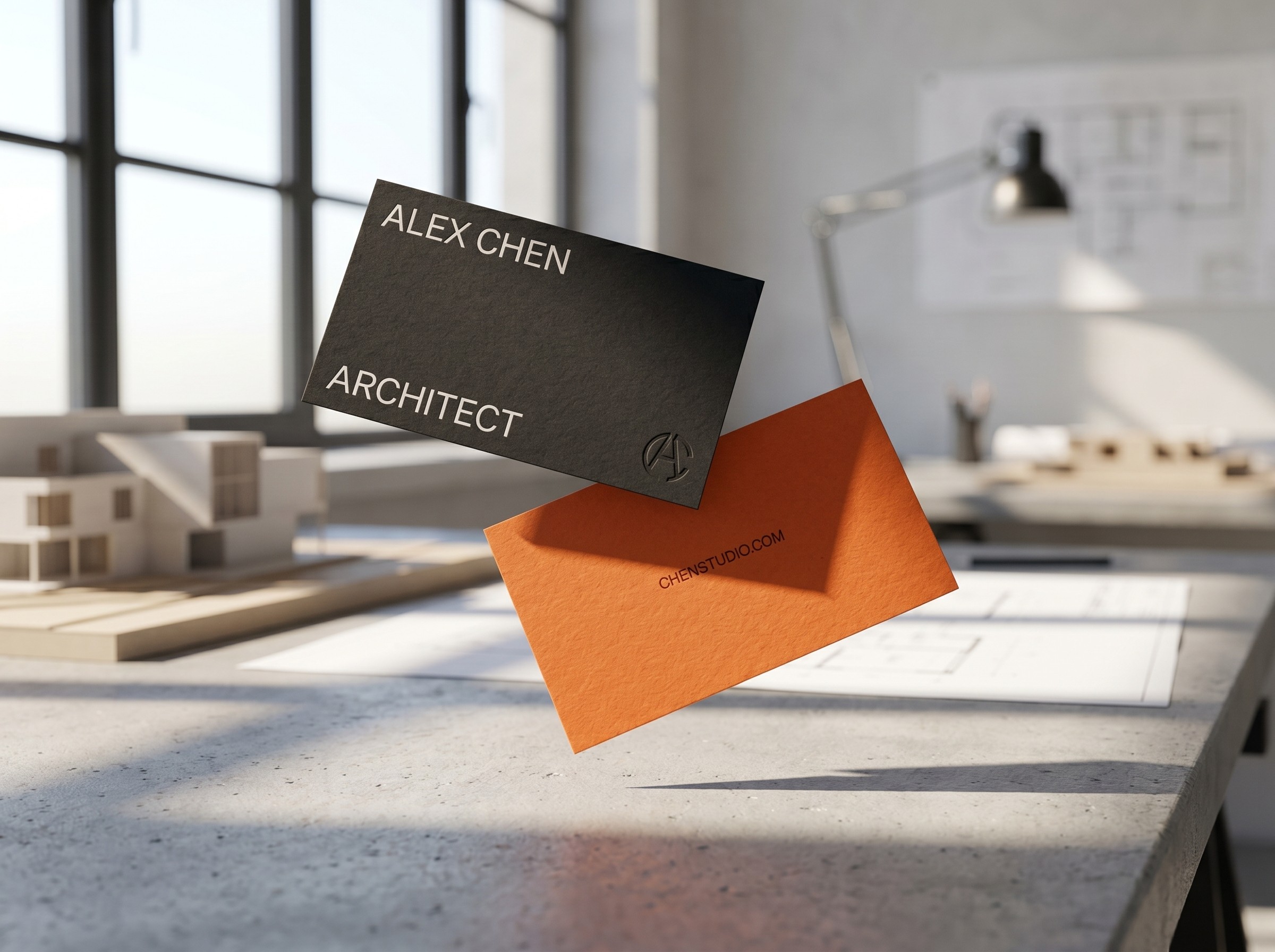 Floating black and orange Alex Chen Architect business cards over blueprints and models in a bright studio.