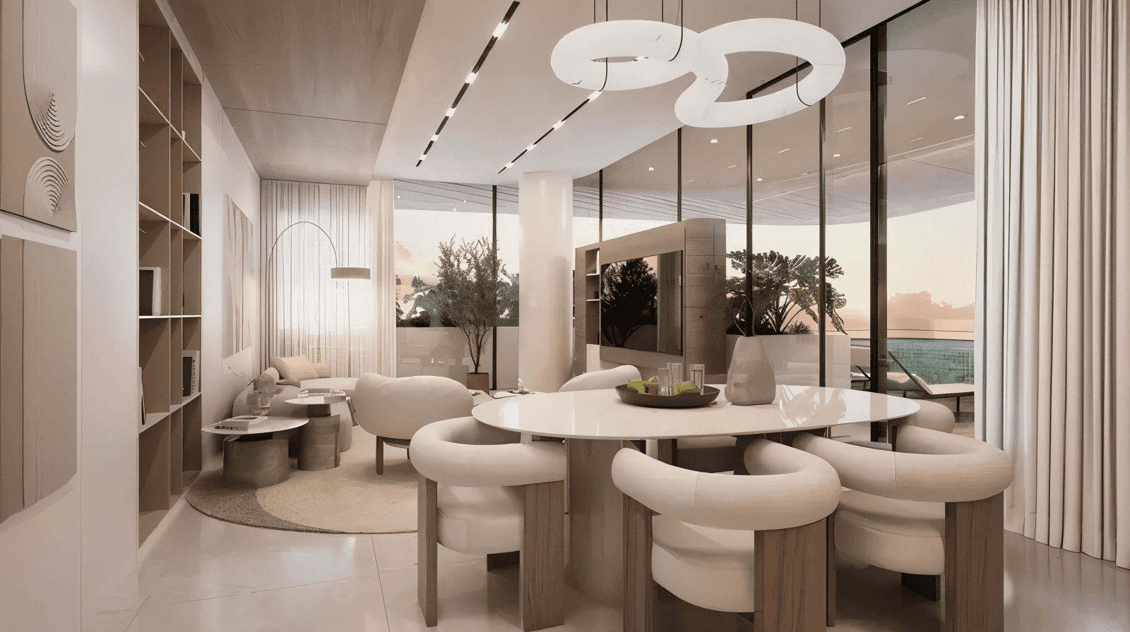 A stylish modern living room with a prominent chandelier, highlighting a sophisticated and inviting atmosphere.