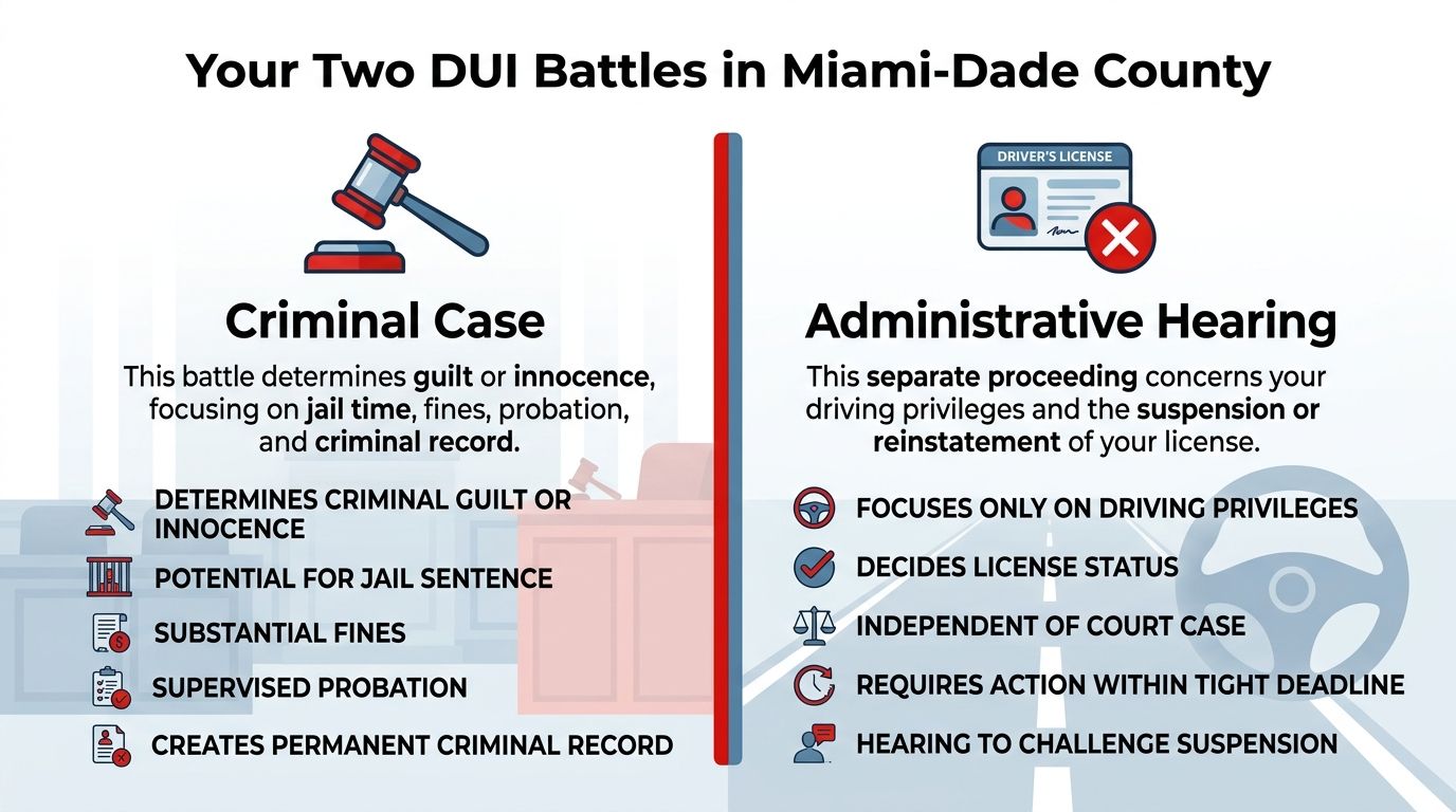 An infographic detailing the two distinct legal proceedings for a DUI charge in Miami-Dade County.