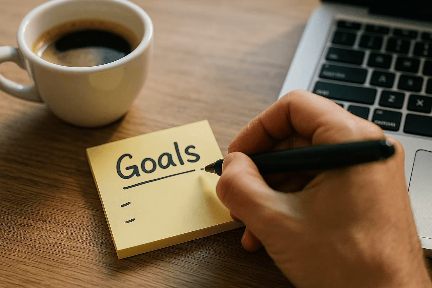 Person writing "Goals" on a yellow sticky note with a black pen next to a laptop and coffee on a wooden desk, suggesting planning.