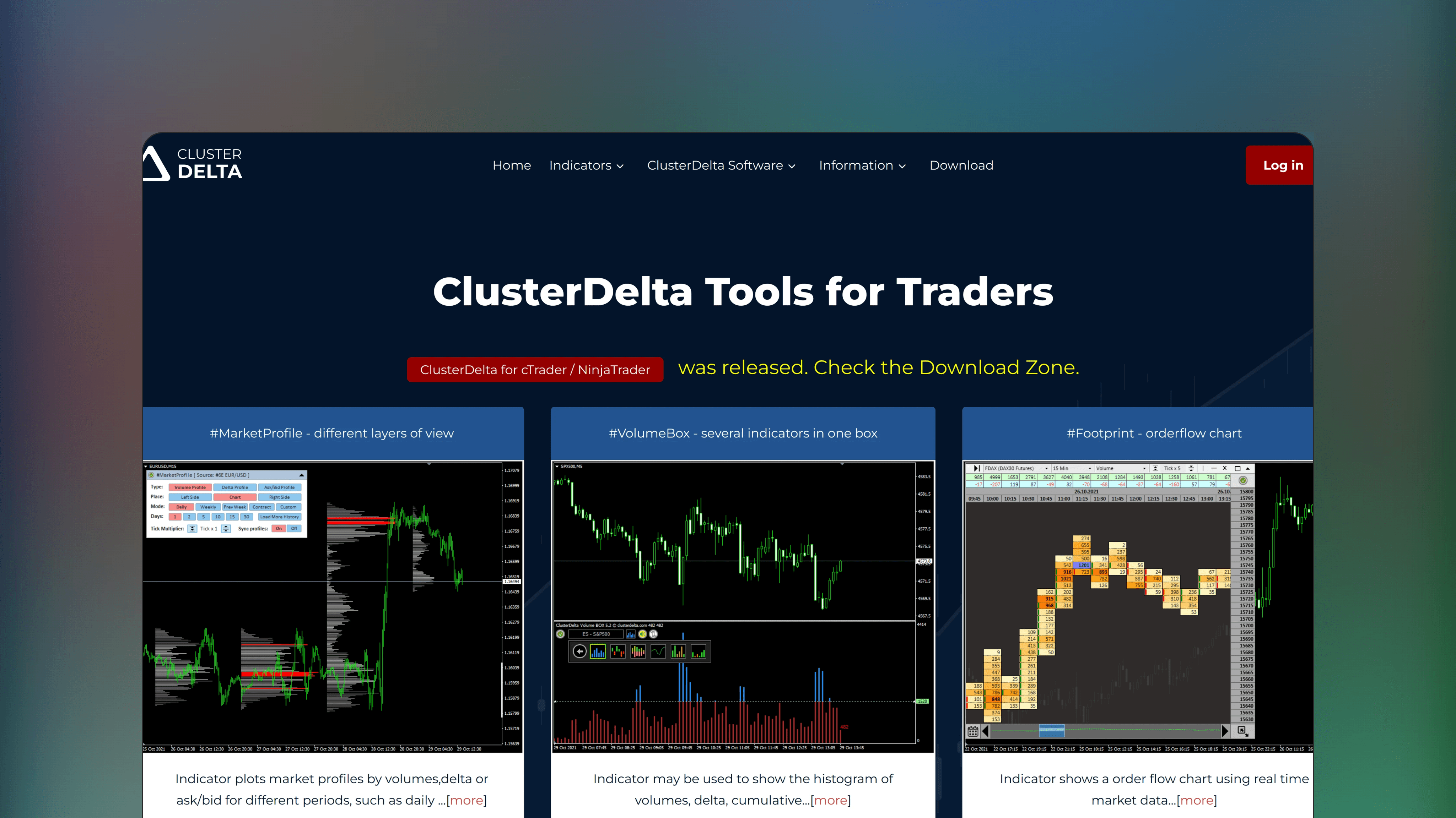 Website preview of ClusterDelta, technical analysis orderflow platform displaying footprint charts and volume profile indicators.