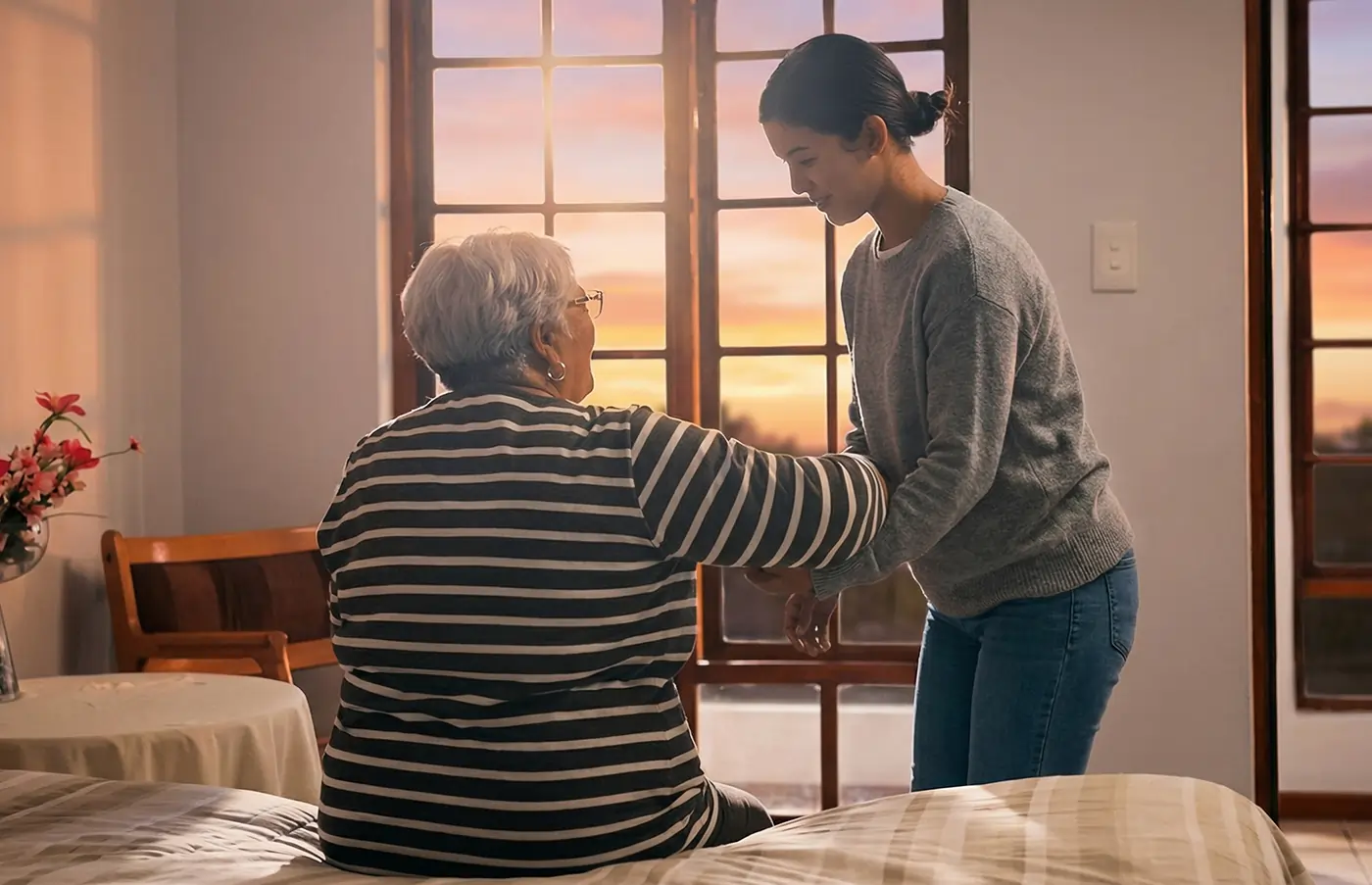Caregiver supporting a senior in the evening, providing overnight care continuity at home