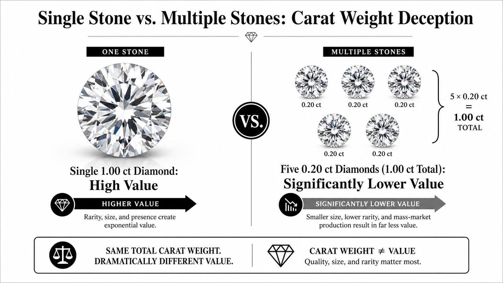 A comparison graphic showing that a single one carat diamond has much higher value than five smaller diamonds.
