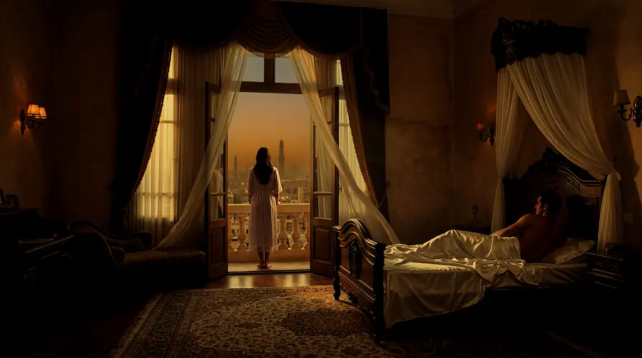 A lamplit room at dusk, a figure on the balcony, a man lying on the bed