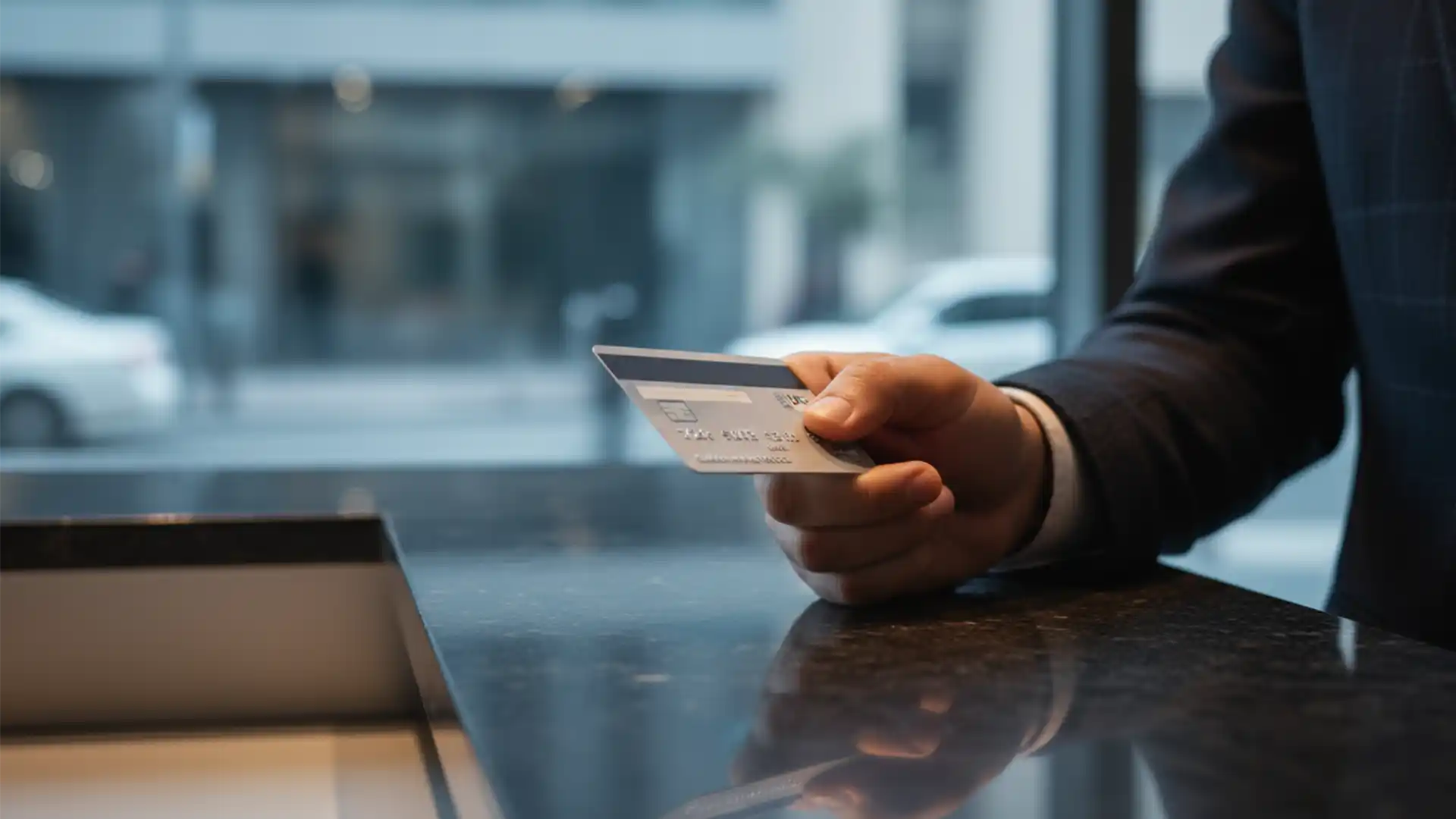 A person in a suit holds a credit card while sitting at a table near a window with a city view.