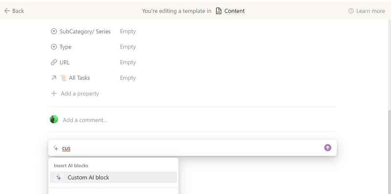 A custom notion AI block can be created by pressing space bar inside a Notion page