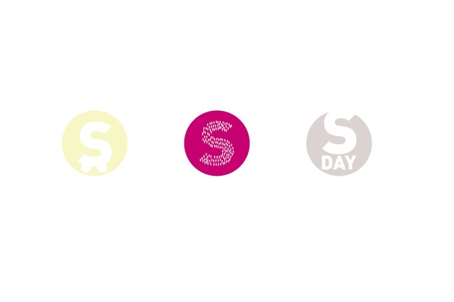 Three circular logos are displayed on a white background. From left to right, the logos are pale yellow with a white "S" symbol, a bright pink "S" with a dotted pattern, and a light gray "S" with "DAY" written below it.