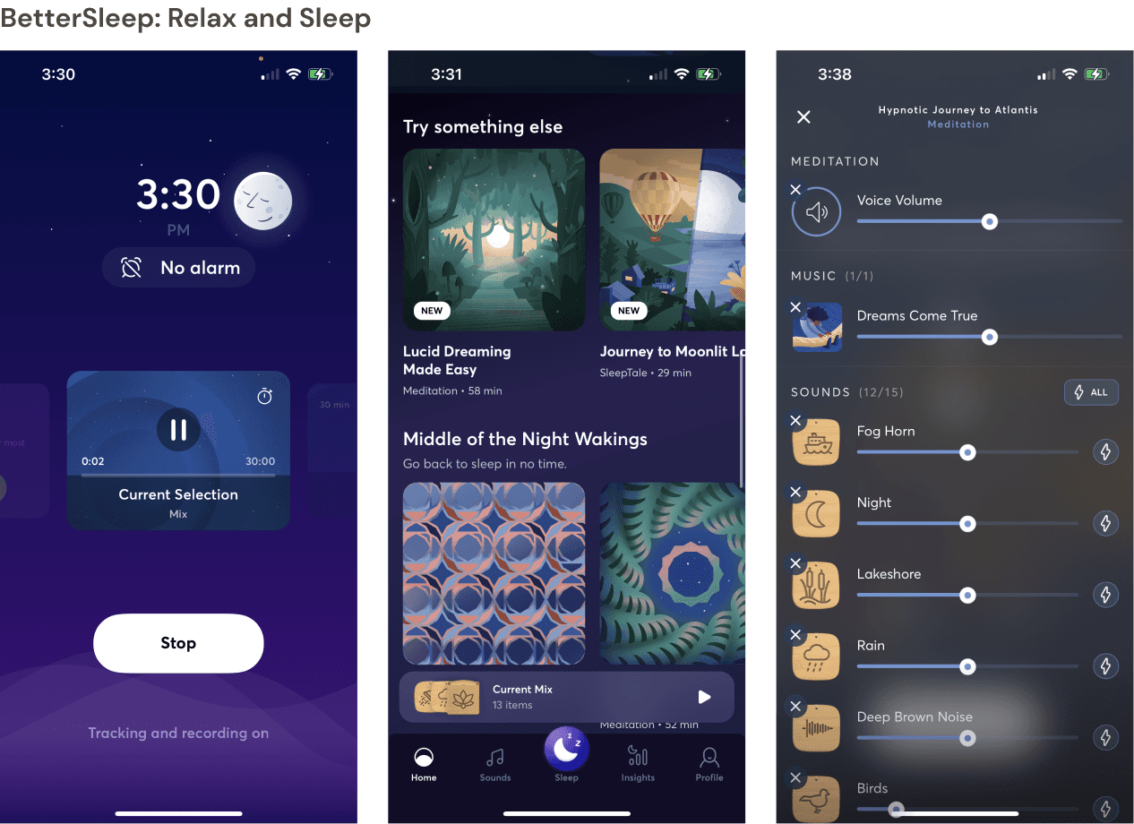 3 screenshots from BetterSleep: Relax and Sleep