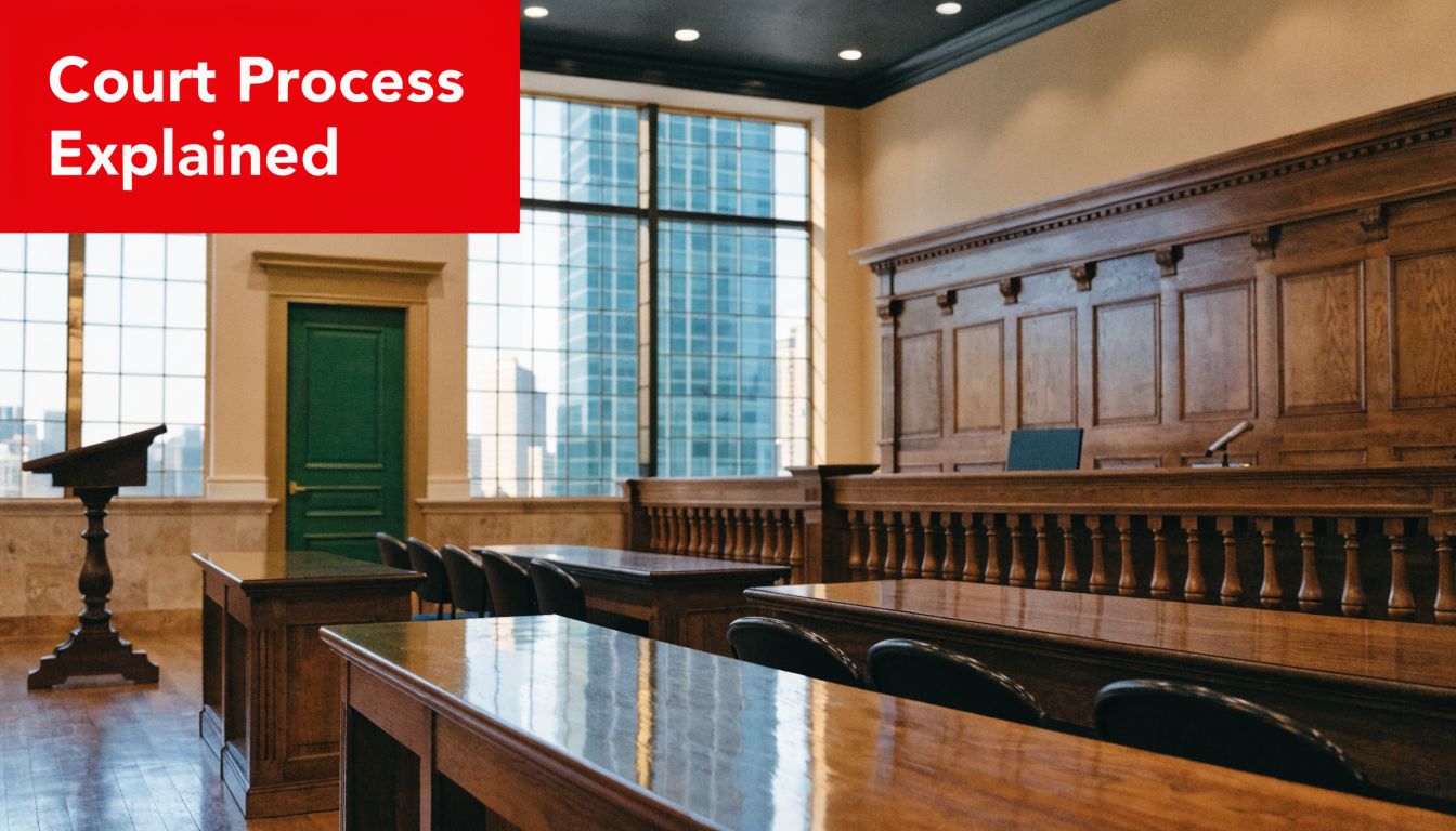 A courtroom interior featuring a wooden judge's bench, witness stand, and rows of seating under bright windows.