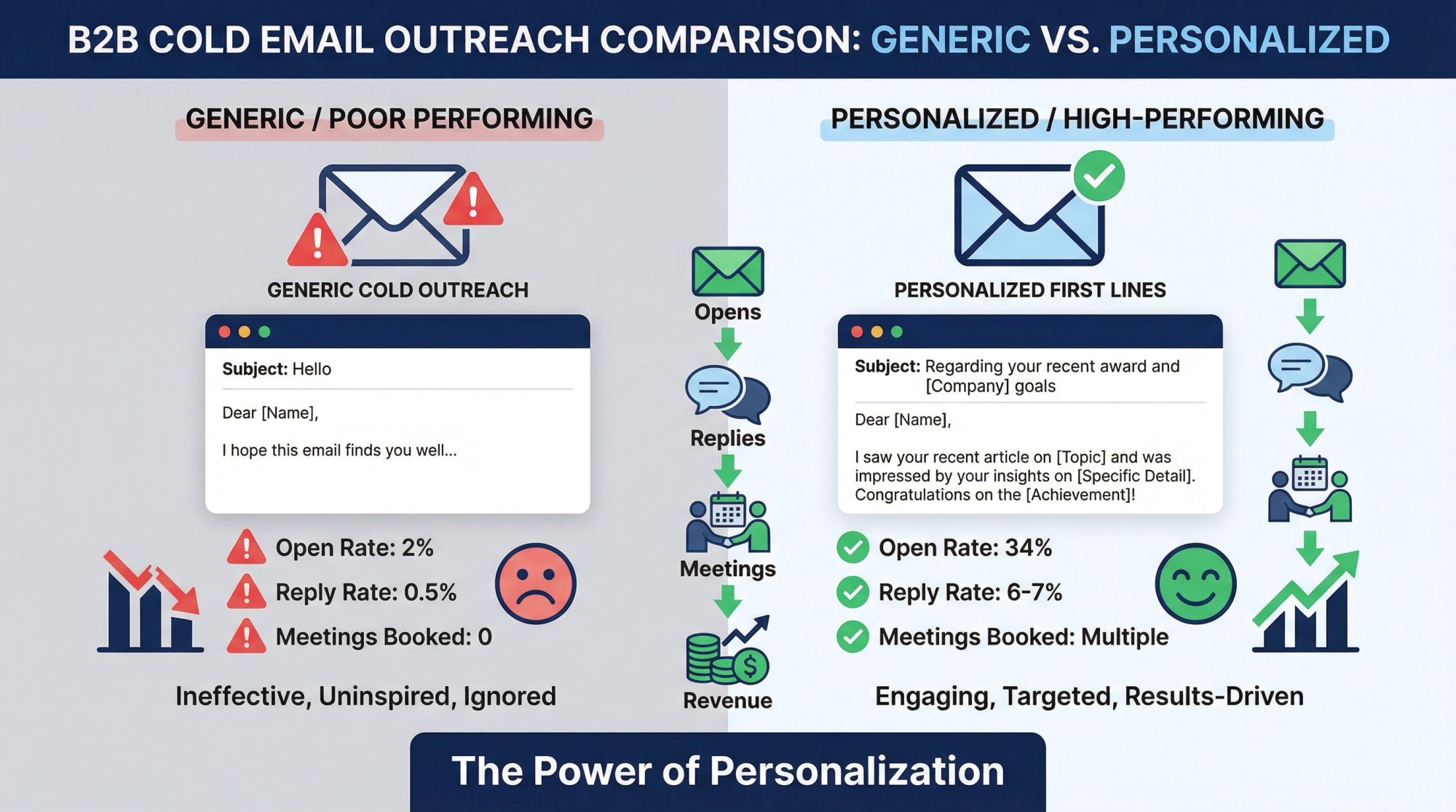 Visual comparison showing generic cold emails vs personalized first lines, illustrating increased open rates, reply rates, and meeting bookings through personalized outreach