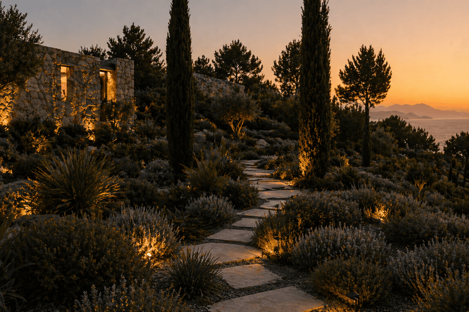 A winding pathway lined with greenery and illuminated by soft lights, leading up to a hillside at sunset.
