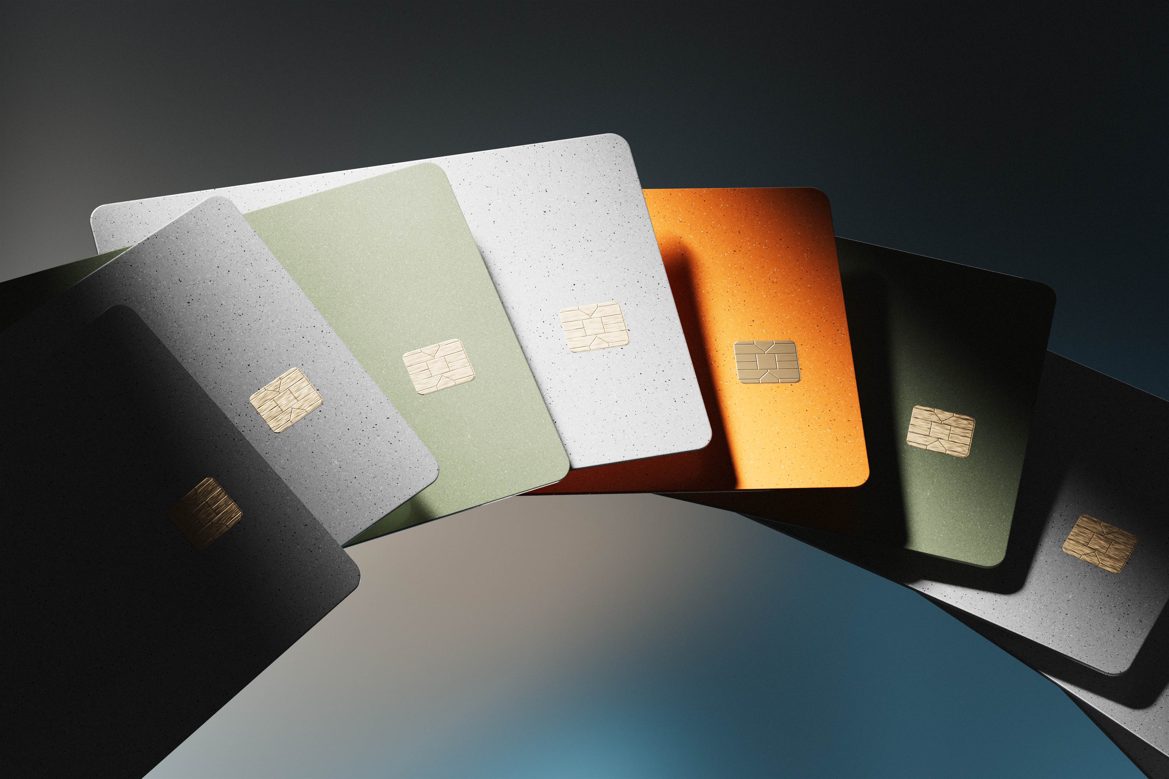 3D mockup of colourful and reflective credit cards