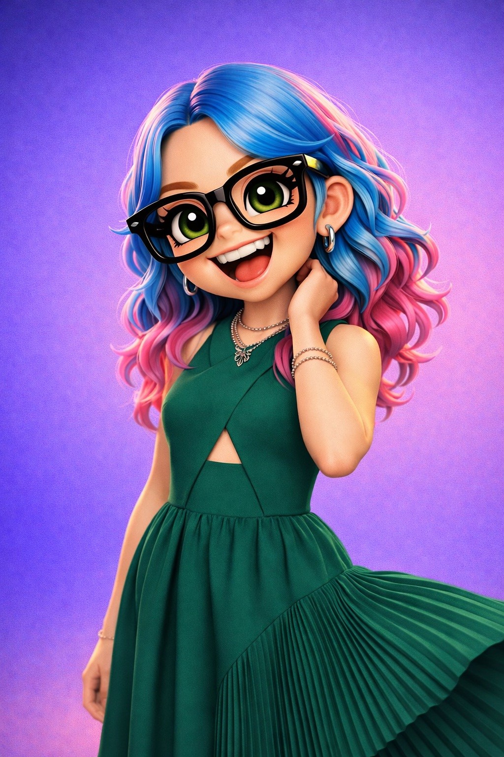 Lucy as a collectible vinyl figure - green dress, oversized glasses, polished 3D rendering on purple gradient background