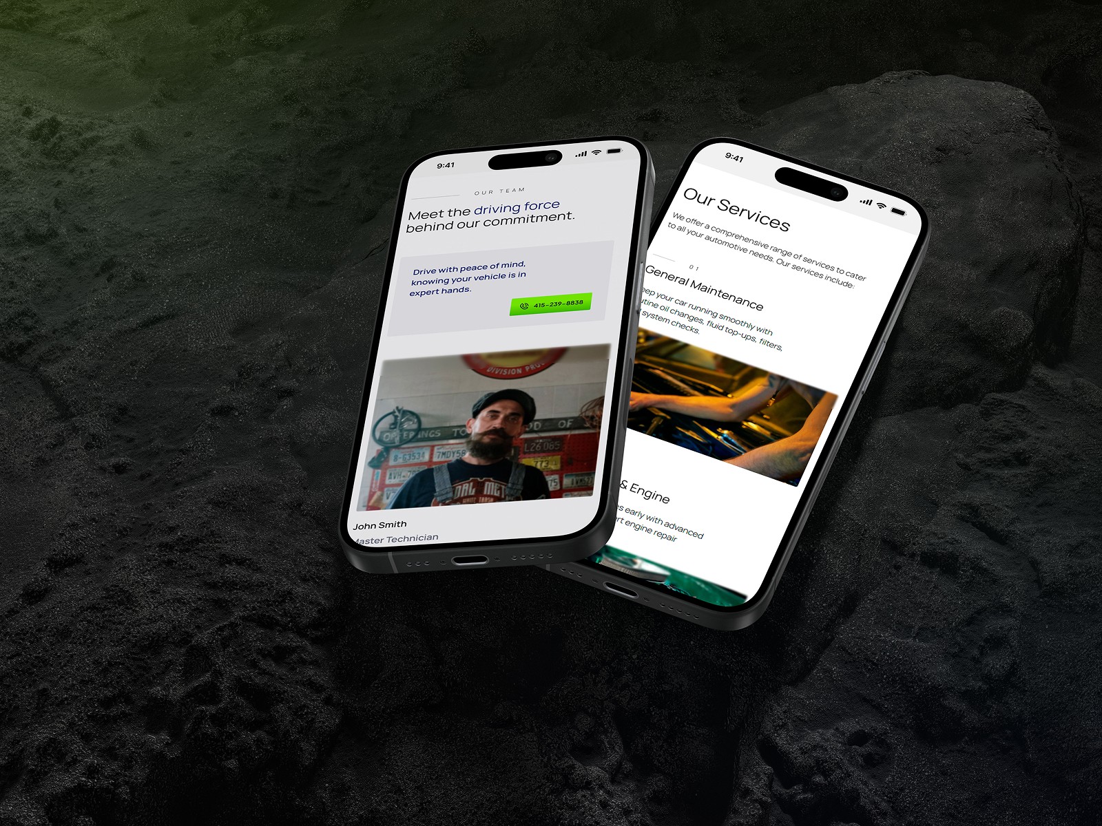Otto Auto Repair Framer Website template mobile comps