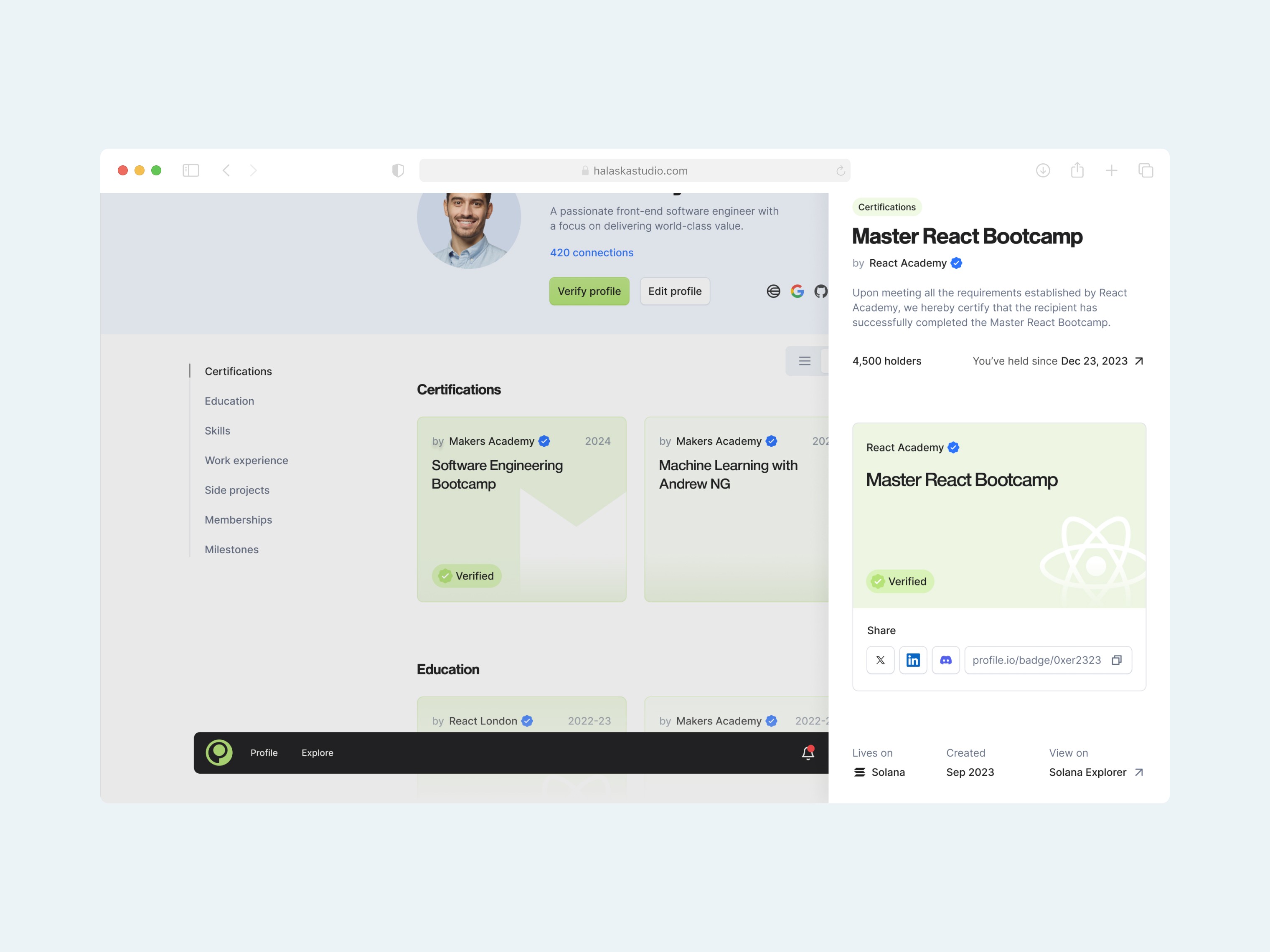 Profile io web3 account product design account