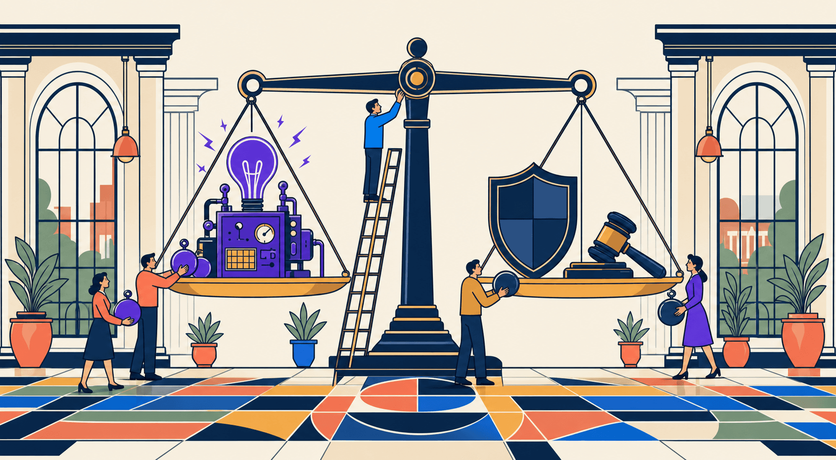 Illustration: Große Waage balanciert Innovationsmaschine mit Glühbirne gegen Schild und Richterhammer
