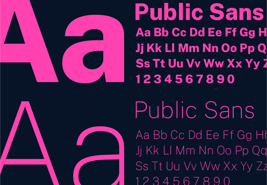 Detail: typeface specimen (Public Sans) from the redesign.