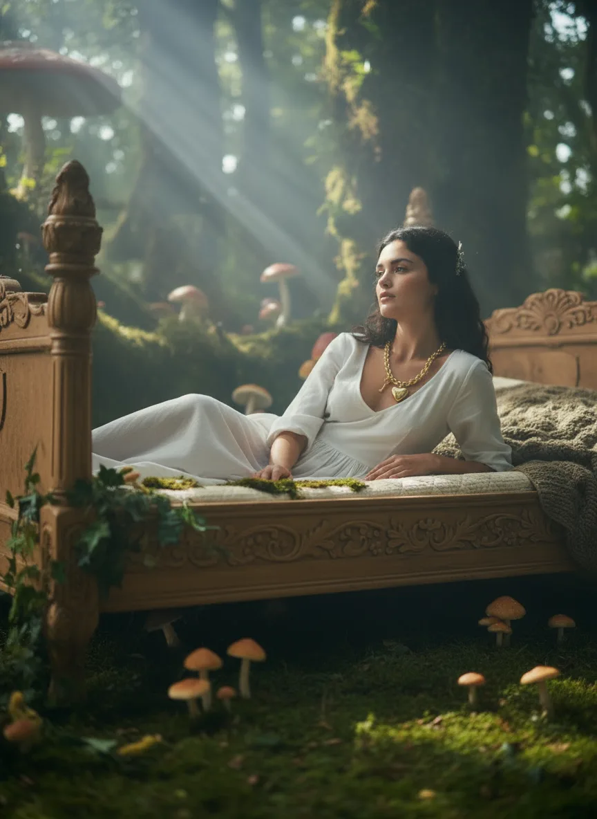 scene4-ai product photography-jewelry necklace campaign creation-featuring a high fashion model in a fairytale setting-5