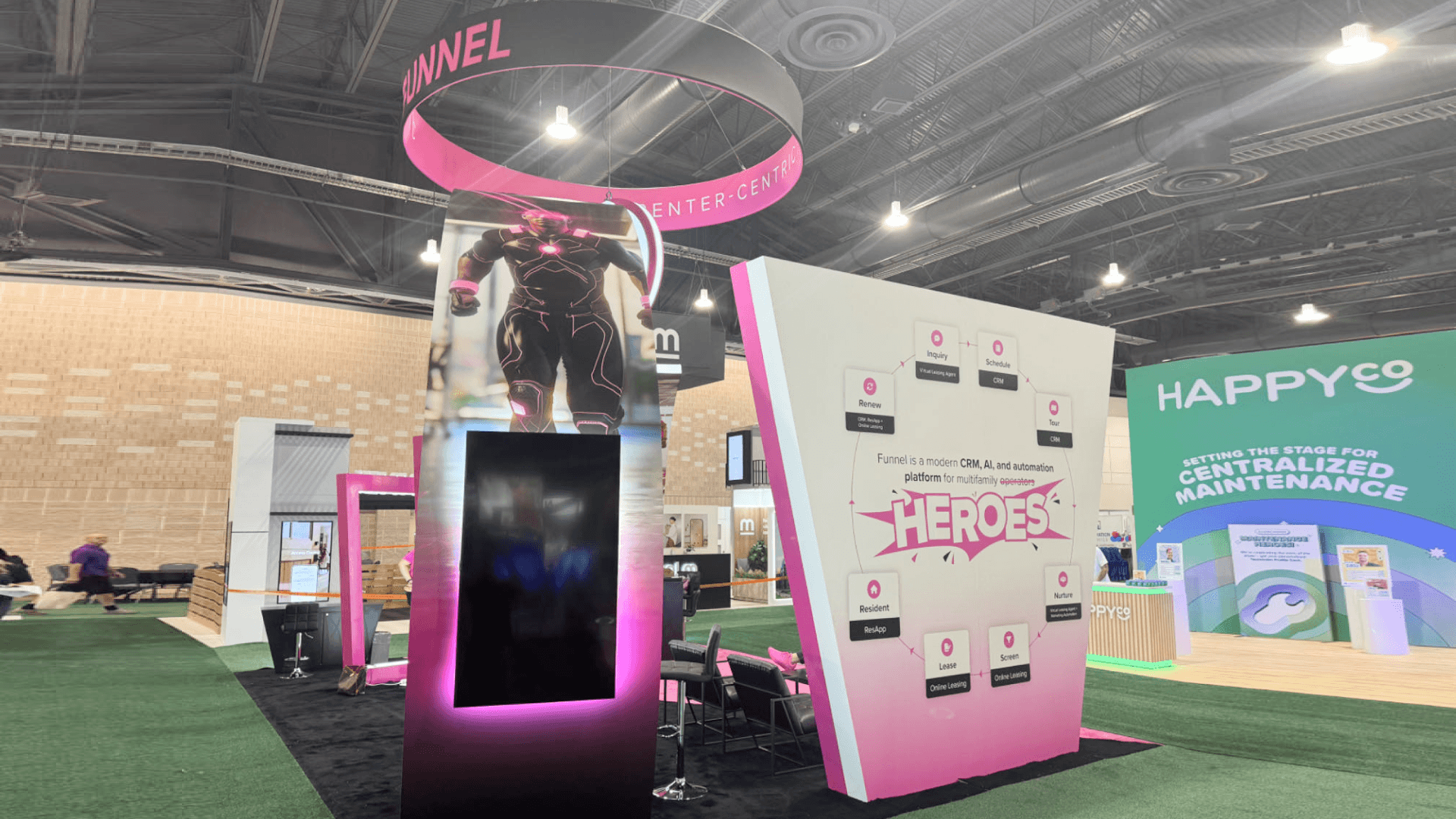 20x20 cinema technology booth at Caesars Palace Las Vegas prepared with display screens and theater buyer meeting area