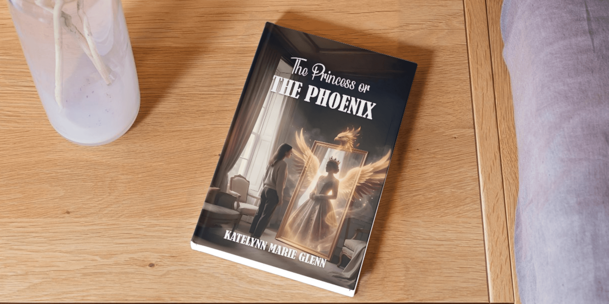 Book titled "The Princess or the Phoenix" lies on a wooden table. Cover art depicts a silhouette of a woman with phoenix wings in a glowing frame.