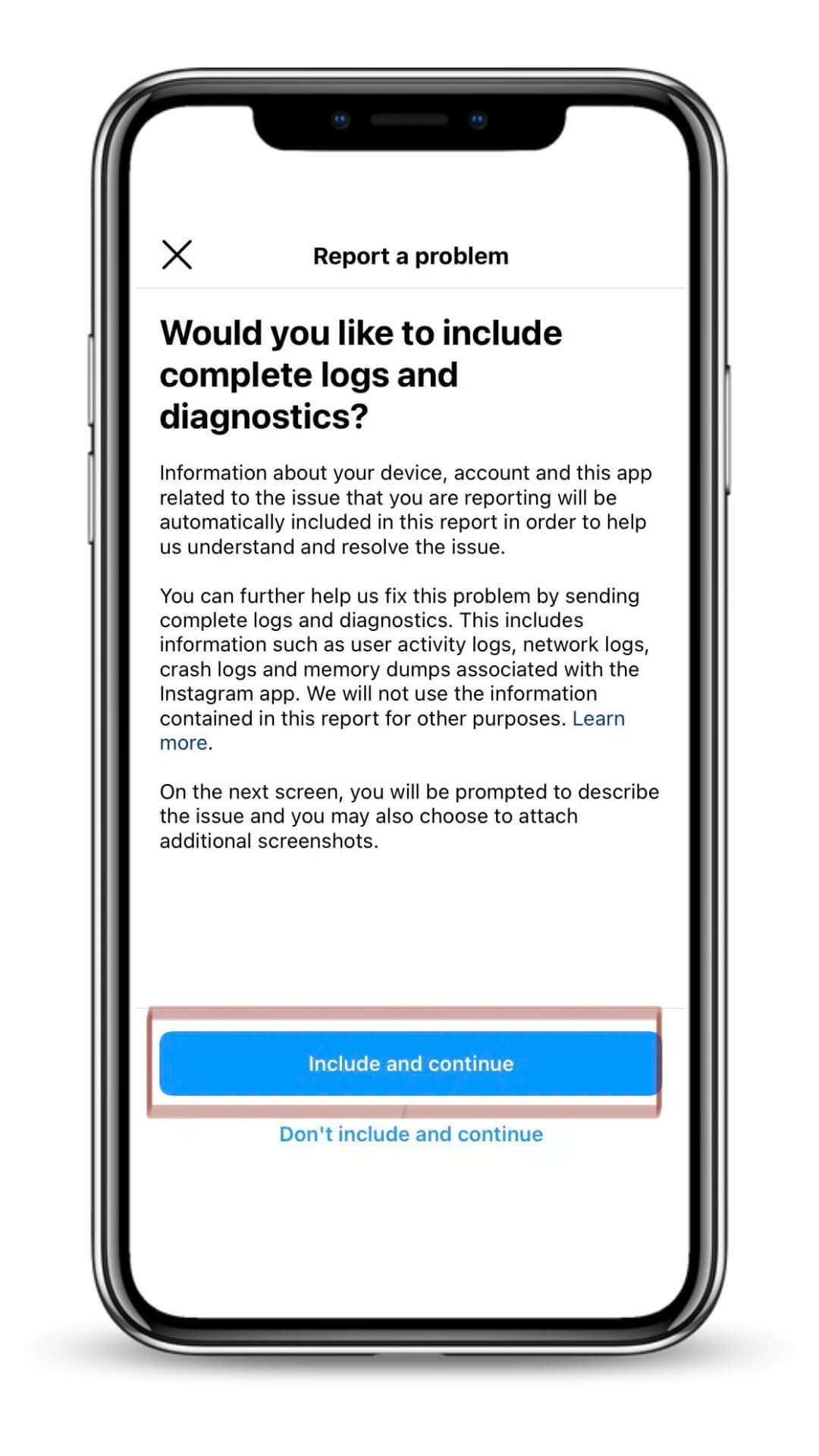 report a problem to instagram-in-app support-include diagnostics