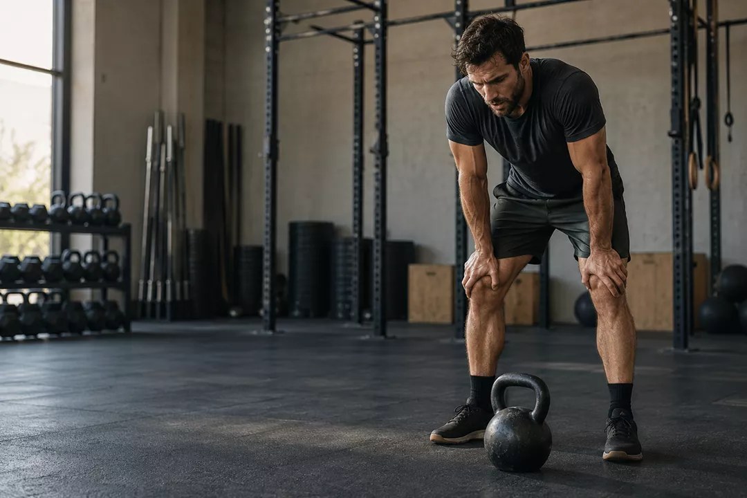 Male athlete completing a For Time workout in a functional training gym