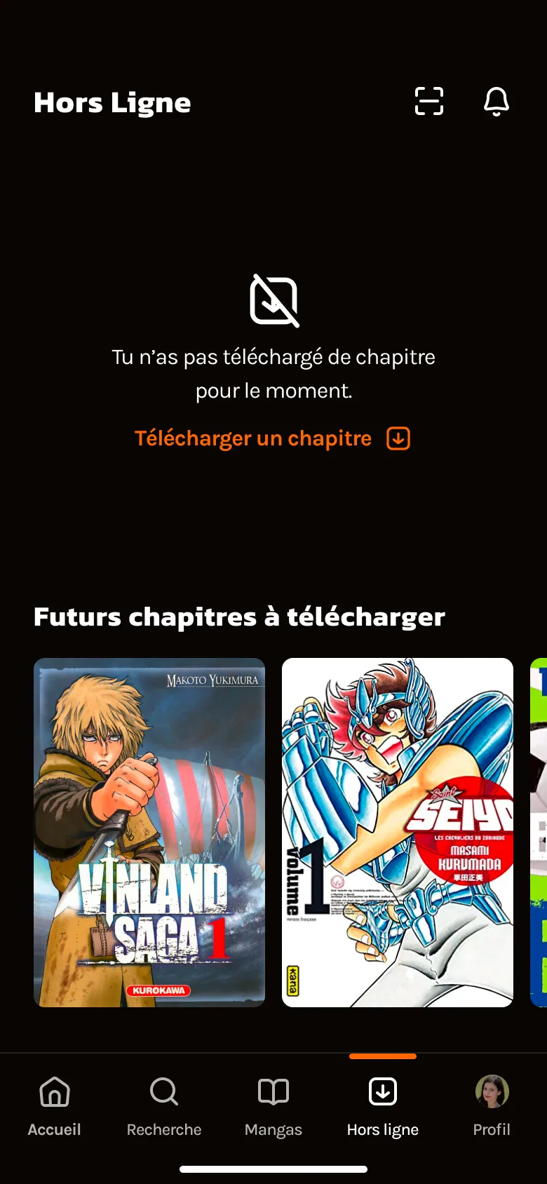 Page affichée lorsqu'il n'y a pas encore de manga dans notre liste hors-ligne, avec un bouton permettant d'en ajouter rapidement