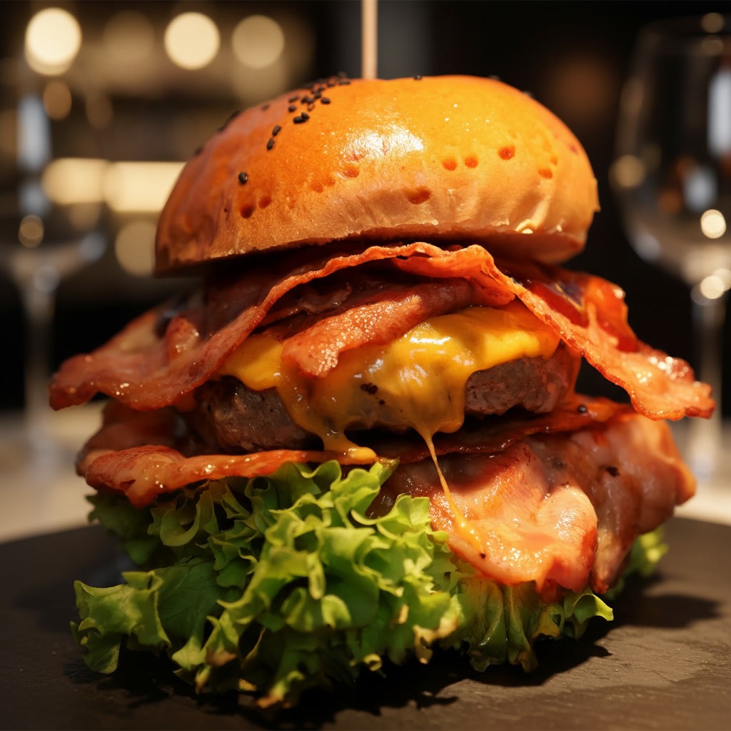 Bacon-Cheeseburger im kAlps mit Sesambrötchen, geschmolzenem Käse, Salat, knusprigem Speck, Pommes und grünem Dip.