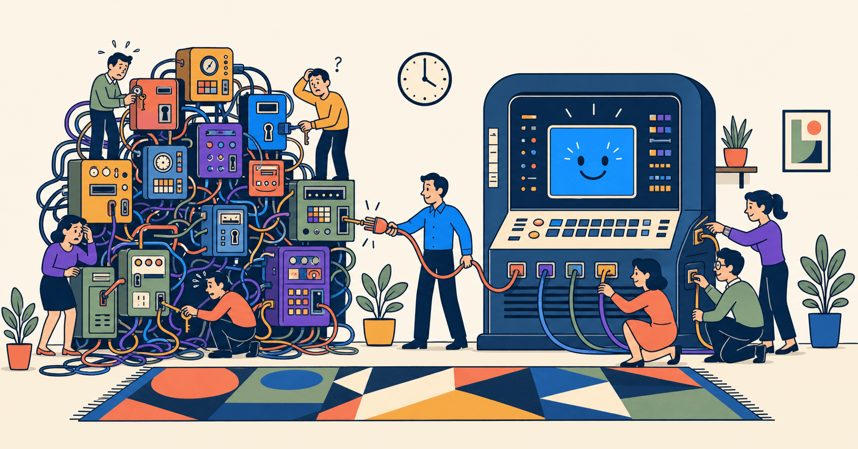 Illustration: Links kämpfen Personen mit vielen verkabelten Einzelautomaten, rechts teilen sich entspannte Personen eine zentrale Konsole