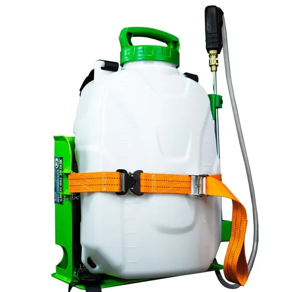 handheld sprayer with a long nozzle, hose, and adjustable strap