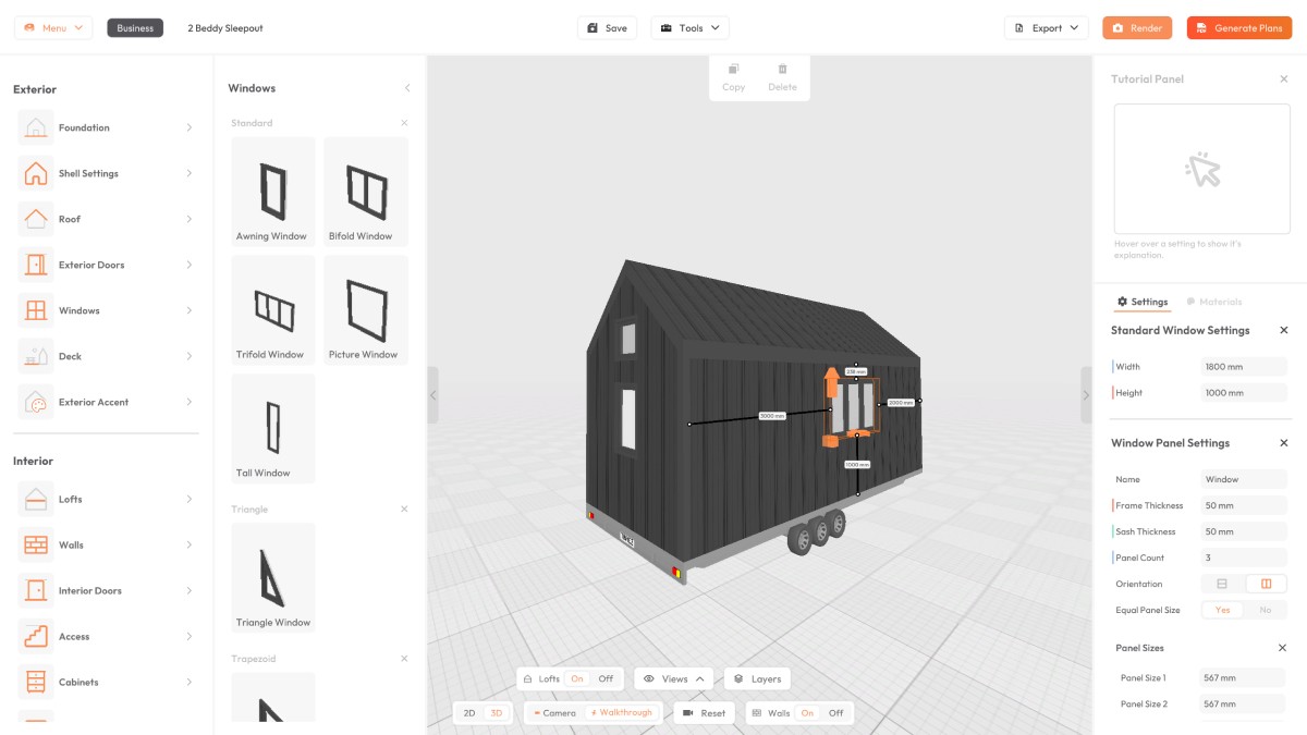 Window Position On a Tiny Home using 3D Tiny House Designer