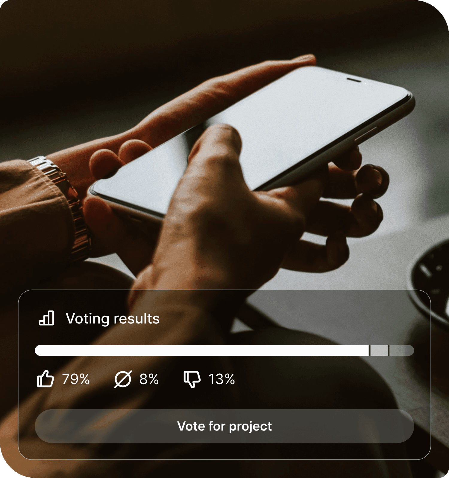 A woman on a phone voting on a Vechain project