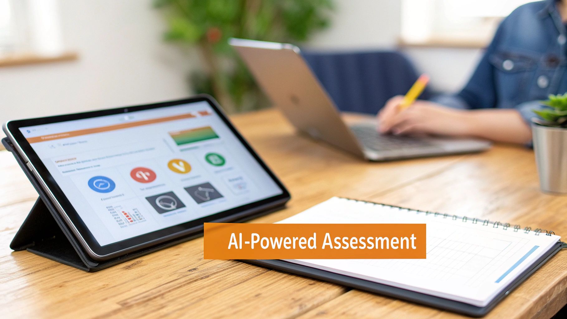 A person interacts with a futuristic interface showing brain activity and cognitive data.