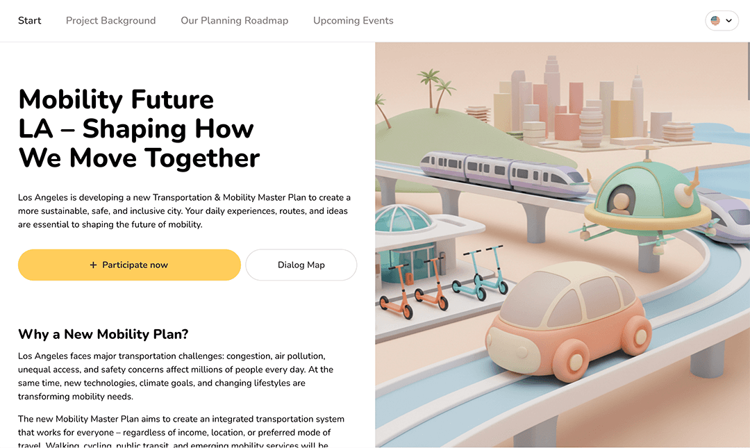 Bürgerseitige Projektseite zum Mobilitätsmasterplan Los Angeles in Senf mit Einstiegspunkten für Umfrage und Dialogkarte
