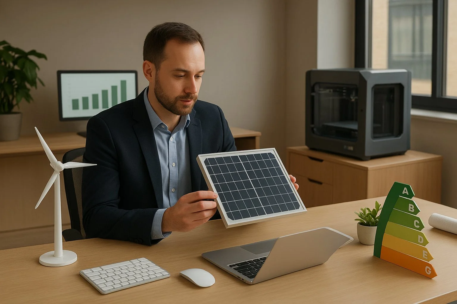 Office scene of a small business investing in eco-friendly equipment and technology, symbolizing energy efficiency and R&D tax credits.