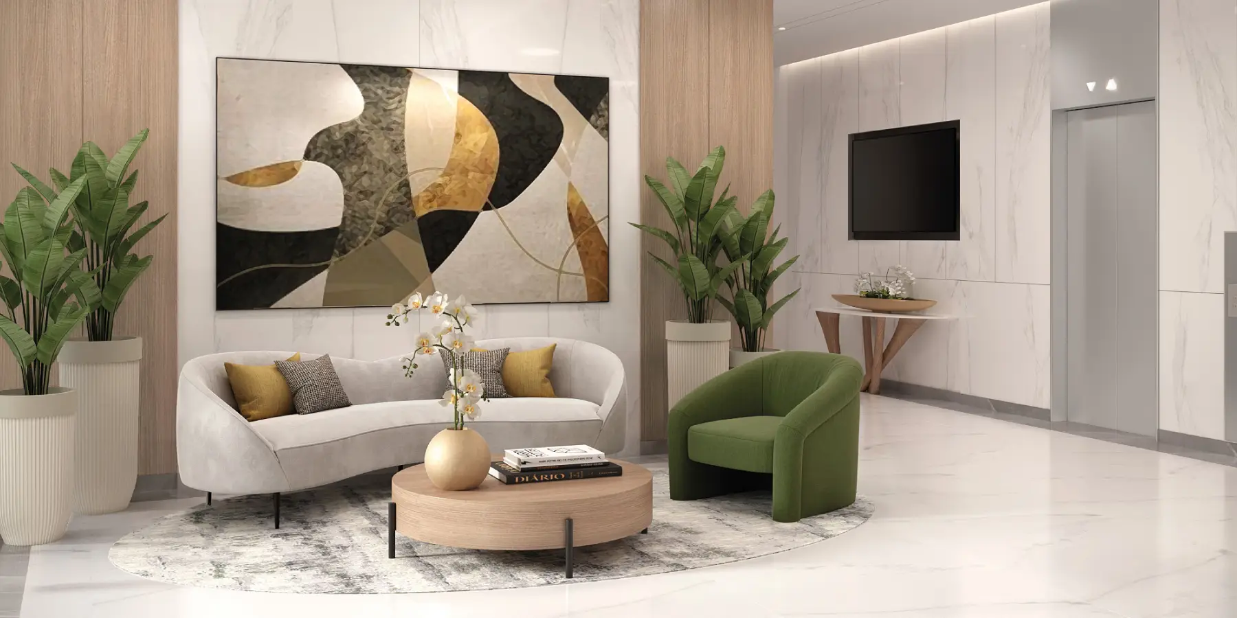 A bright, modern living room that includes a dining area and kitchen, part of the Farishta 2 design.