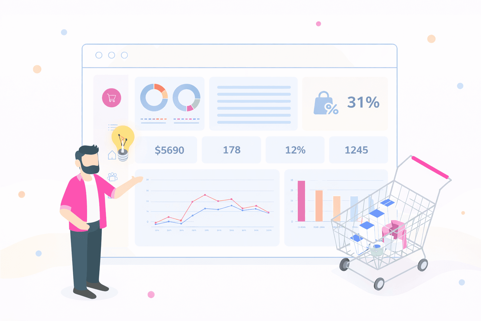Best ecommerce dashboard illustration showing online store analytics, sales charts, KPIs, and shopping cart data in a minimal abstract light color design