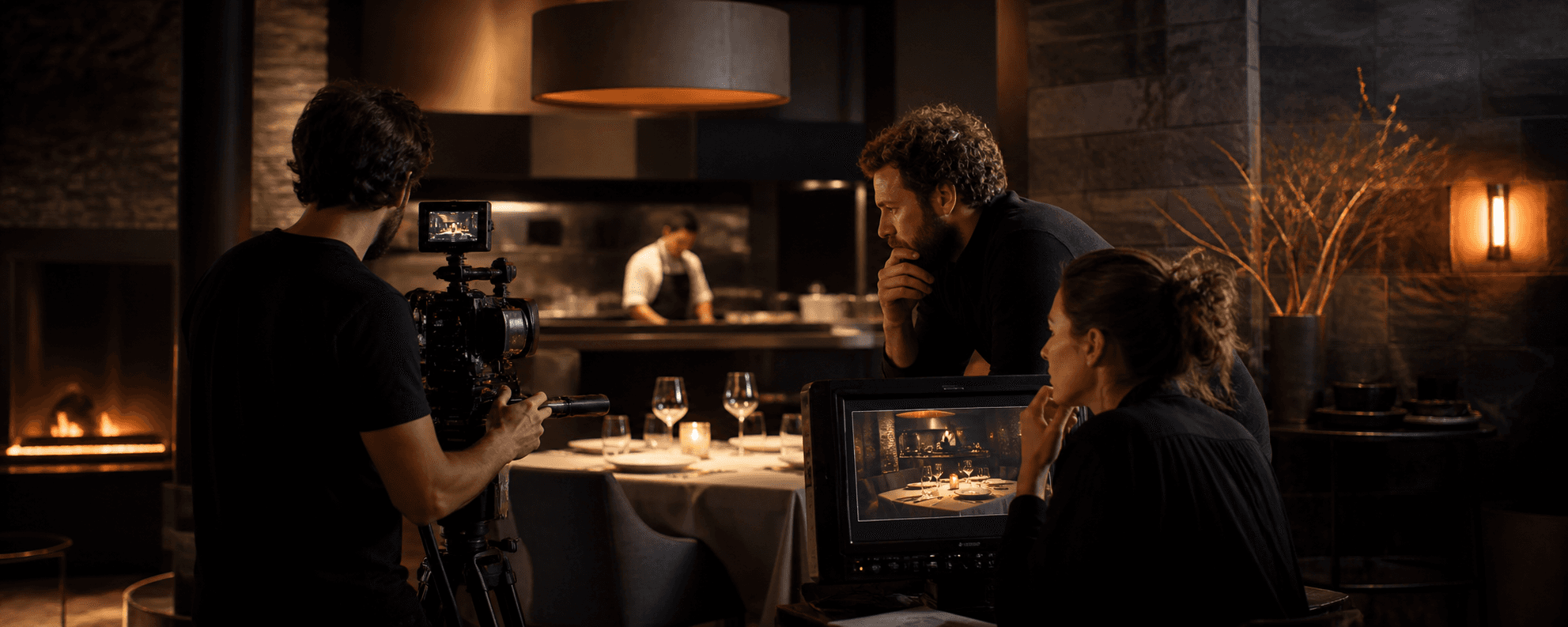 A film production team reviewing a hospitality campaign shot on set
