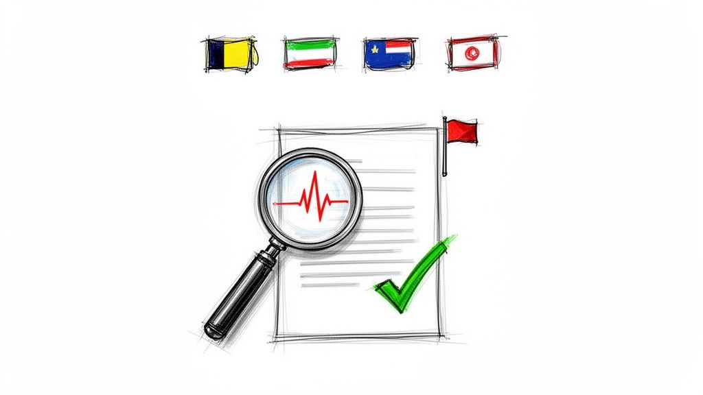 Sketch depicting document scrutiny with a magnifying glass, ECG, international flags and approval mark.