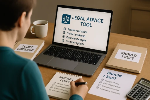 Individual using an online small claims advisor tool with court documents and checklist on desk.