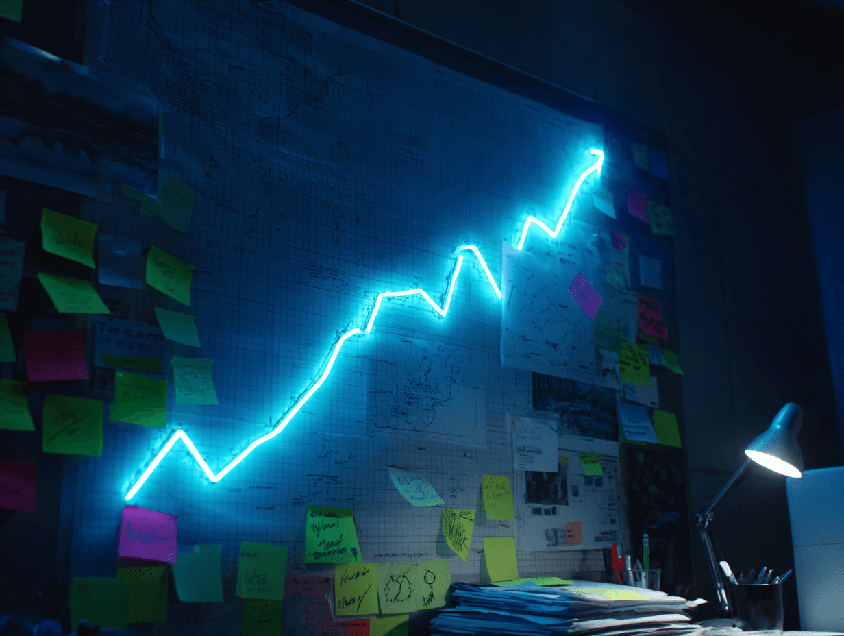 A graph with a neon blue line, sticky notes and papers