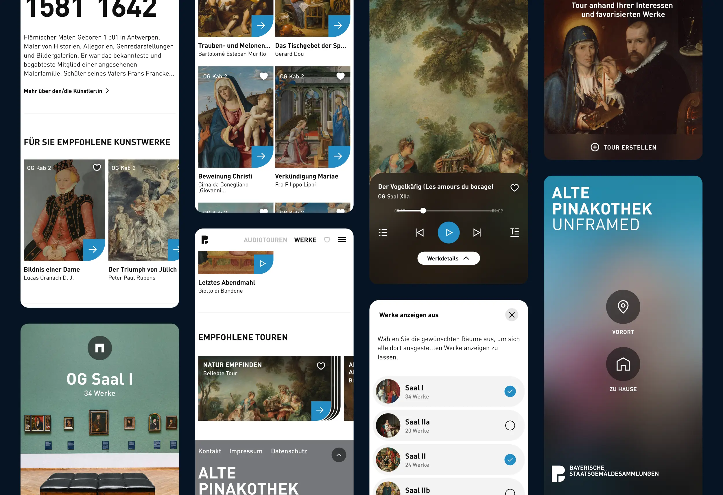 UI-Collage der App: Künstlerprofil, Werkliste, Audio-Player, Tour-Erstellung, Raumansicht, Navigation, Raumfilter und Startscreen mit „Vor Ort“ / „Zu Hause“.
